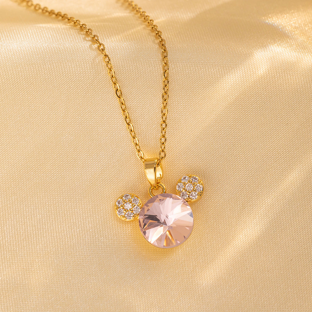 Collar con colgante de ratón geométrico minimalista para mujer, de acero de titanio con incrustaciones de diamantes de imitación y acabado chapado en cadena tipo O