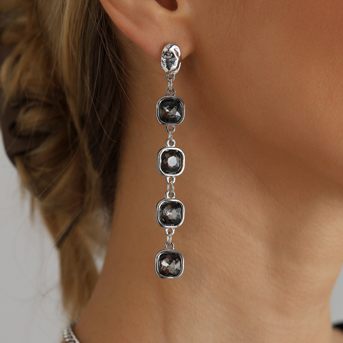 Luxury Elegant Geometric Square Rhinestone Plated Alloy Necklace Earrings Set