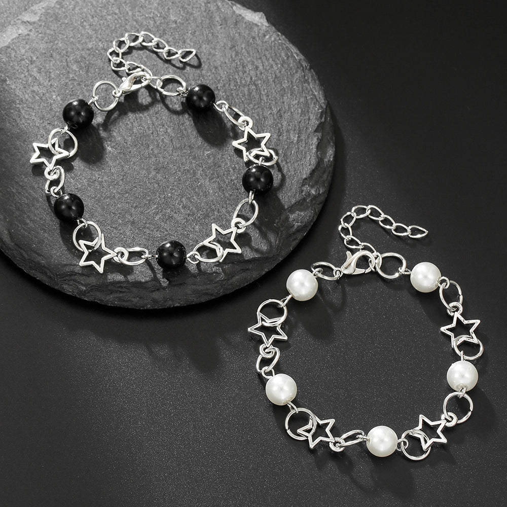 Minimalist Elegant Geometric Star Hollow Imitation Pearl Black Agate Spliced Bracelet for Women and Men