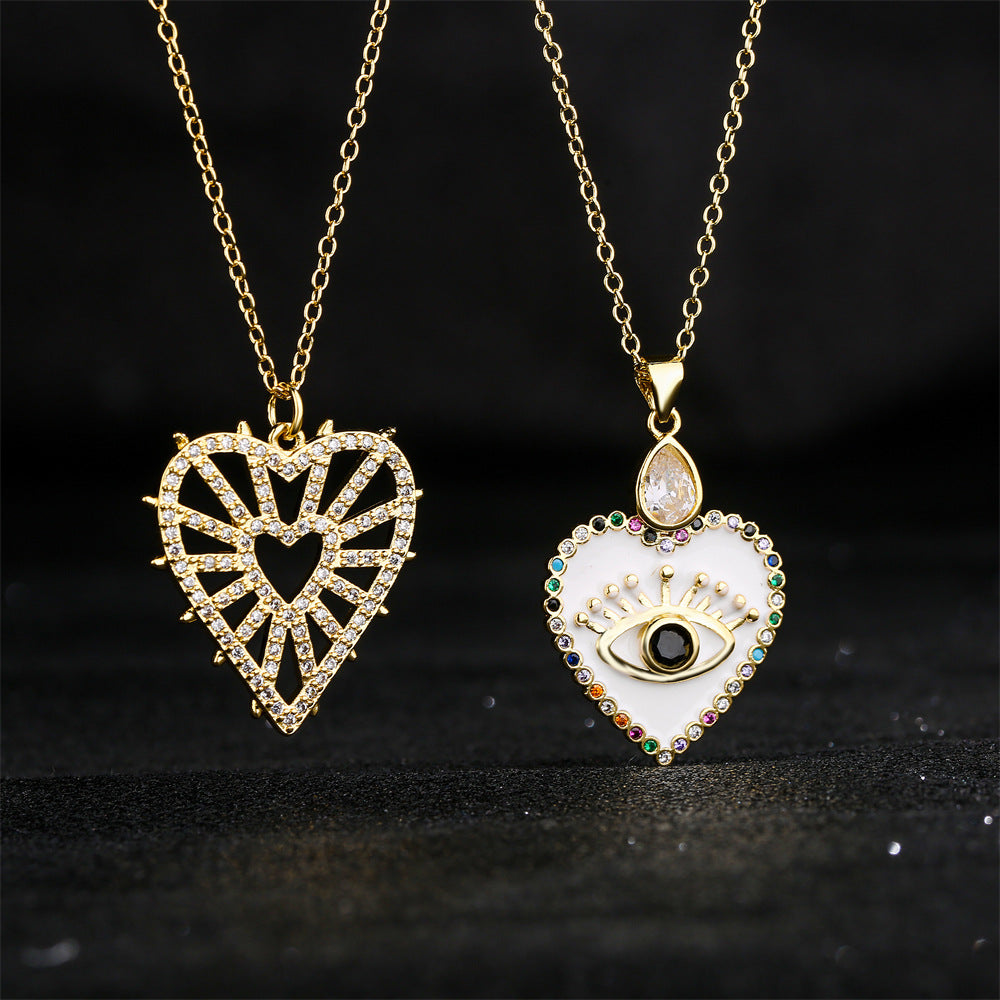Minimalist Hollow Heart Pendant Necklace in Copper with 18K Gold Plating and Enamel Finish, Accented with Zircon Eyes