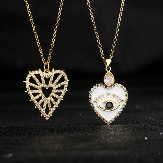 Collana con Ciondolo a Cuore Vuoto Minimalista in Rame Placcato Oro 18K e Finitura Smaltata, con Occhi in Zircone