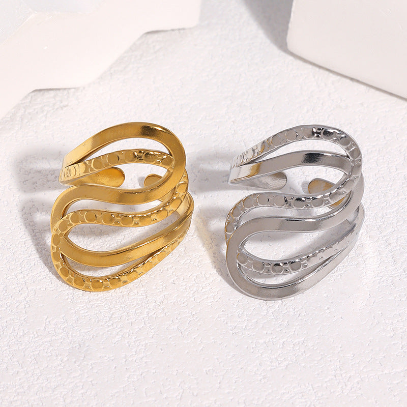 Minimalist Geometric Textured Stainless Steel Ring with 18K Gold Plating for Women