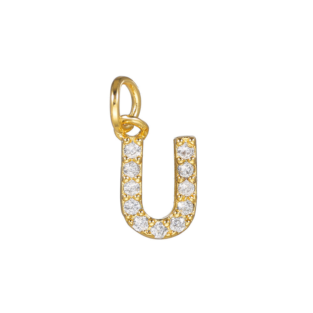 14K Gold Plated Brass Letter Pendant with Cubic Zirconia Charm Bar