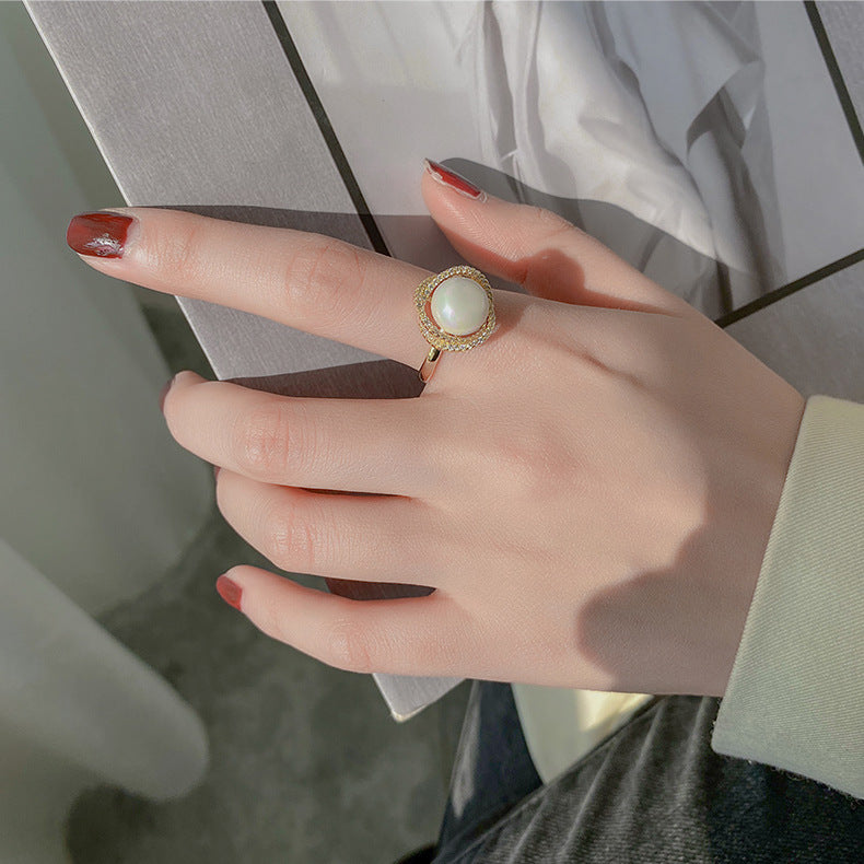 Elegant Geometric Alloy Ring for Women with Micro-Pavé Gold Plating and Pearl Accent, Minimalist Index Finger Band or Pinky Ring