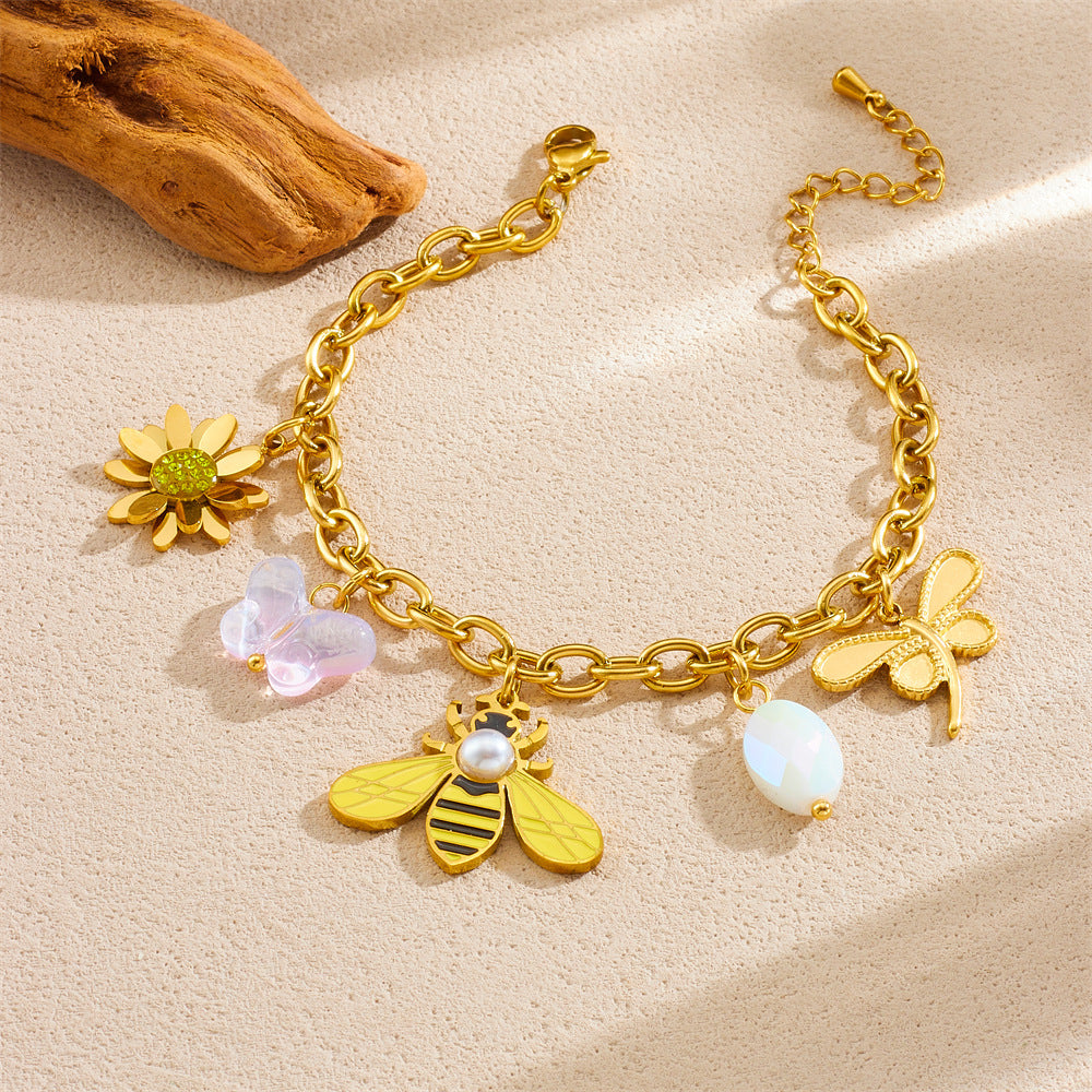 Gold Plated Stainless Steel Butterfly Bee Flower Animal Charm Bracelet for Women