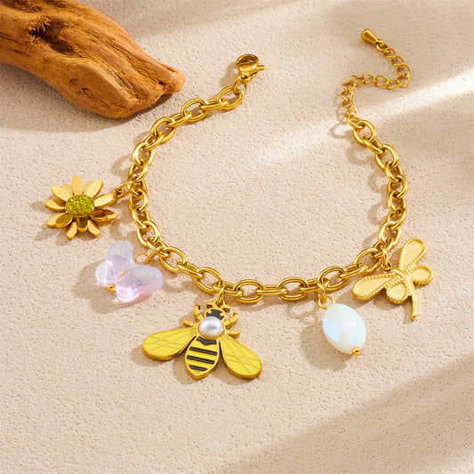 Gold Plated Stainless Steel Butterfly Bee Flower Animal Charm Bracelet for Women