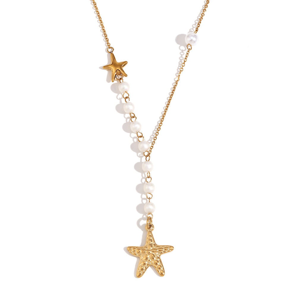 Collana con ciondolo a stella marina asimmetrica vintage da donna in acciaio inossidabile con placcatura in oro 18 carati e inserti in perle