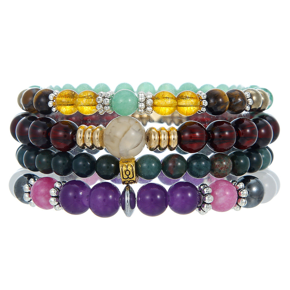 Bohemian Ethnic Geometric Tiger's Eye Hematite Green Aventurine White Crystal Stretch Bracelet