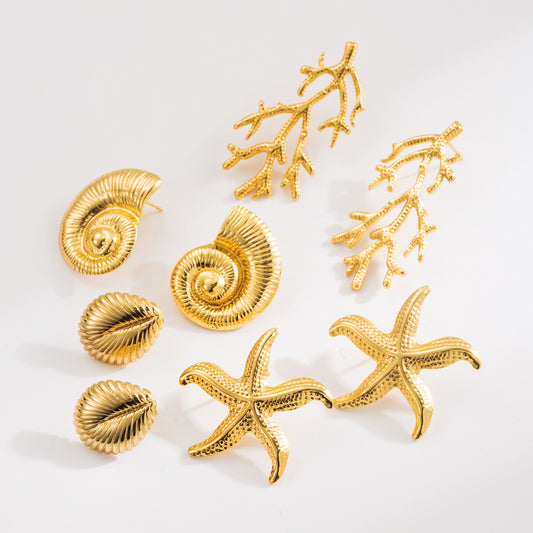 Vintage Ocean Starfish 18K Gold Plated Stainless Steel Geometric Stud Earrings for Women