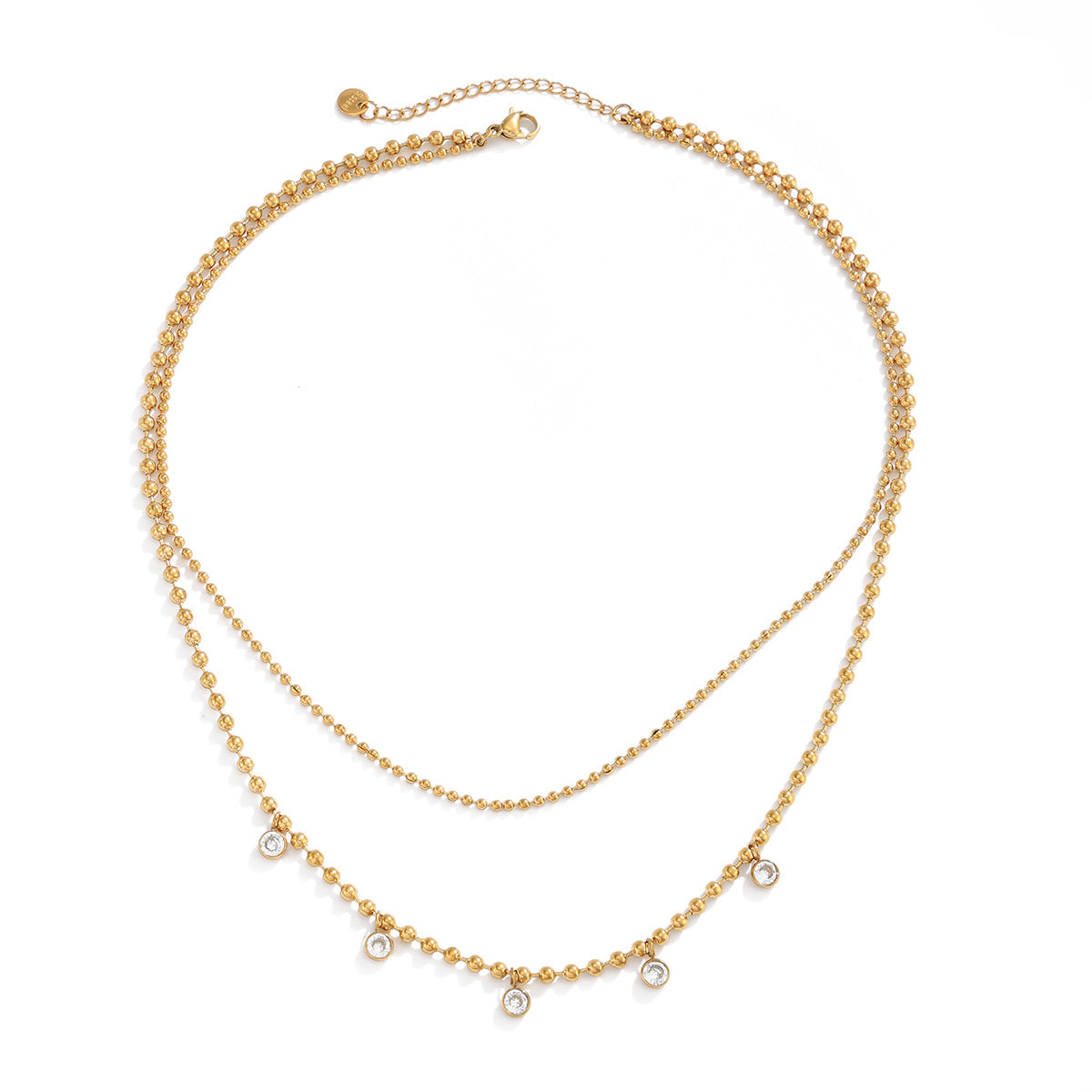 PVD 18K Gold Plated Stainless Steel Round Bead Cubic Zirconia Necklace for Women
