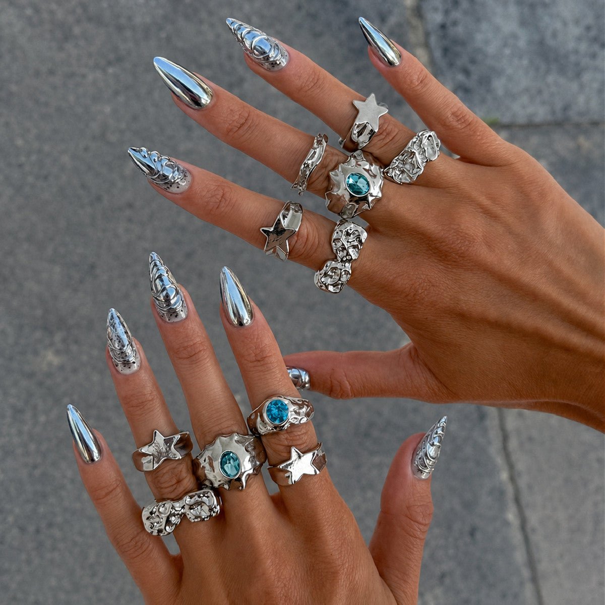 Sweet Punk Silver Plated Zinc Alloy Star Textured Open Ring for Women