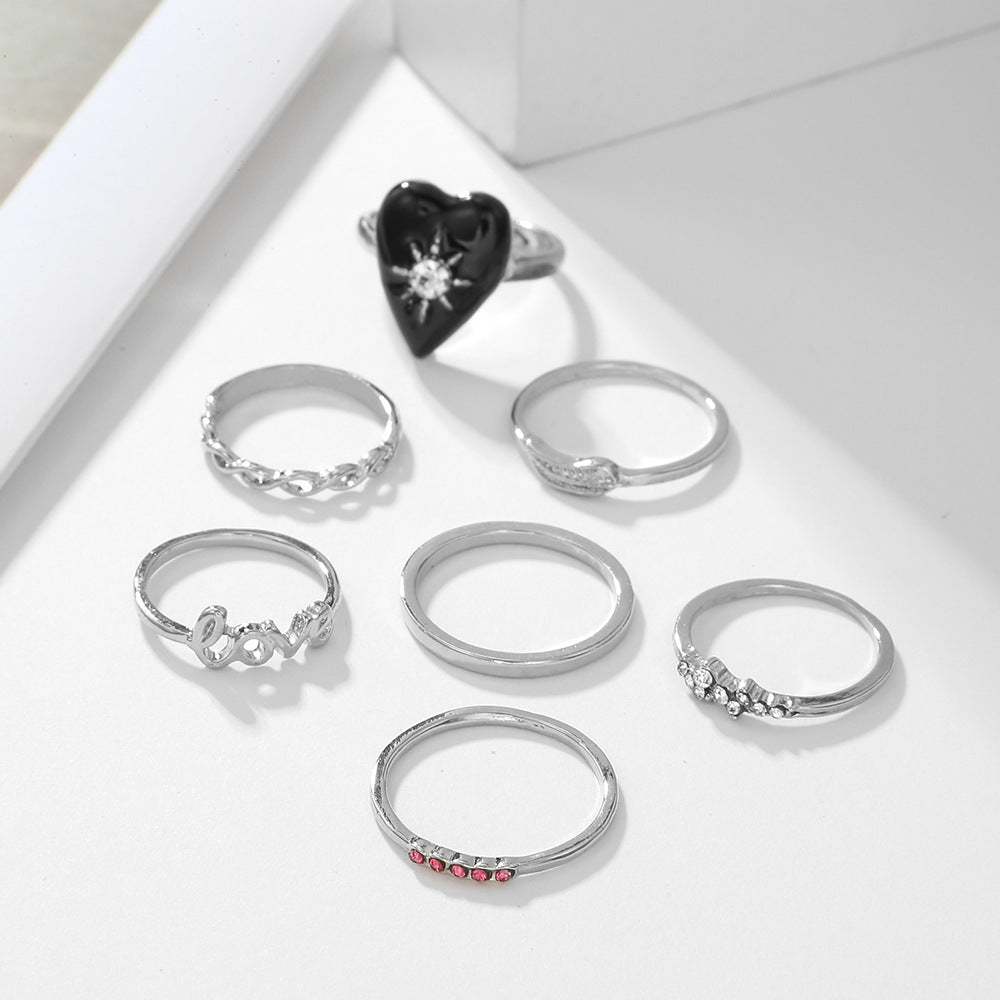 Sweet Casual Drip Oil Heart Letter Alloy Ring with Rhinestone and Crystal Inlay