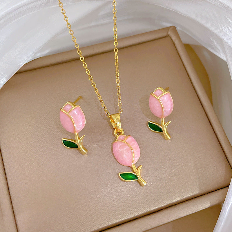 Sweet Minimalist Rose Moon Drip Oil Rhinestone Pendant Necklace Titanium Steel Cable Chain for Unisex