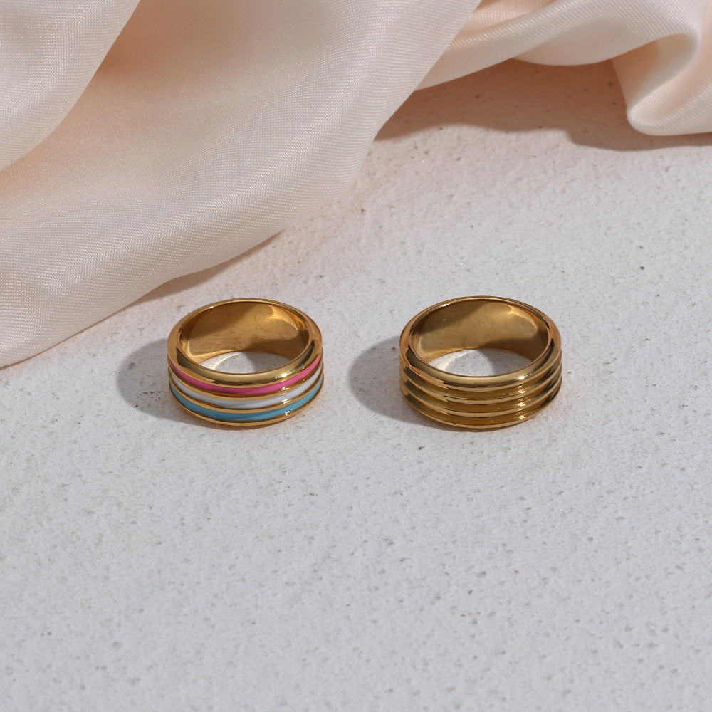 Fashionable Vintage Geometric Stainless Steel Plated 18K Gold Color Enamel Thread Ring for Women