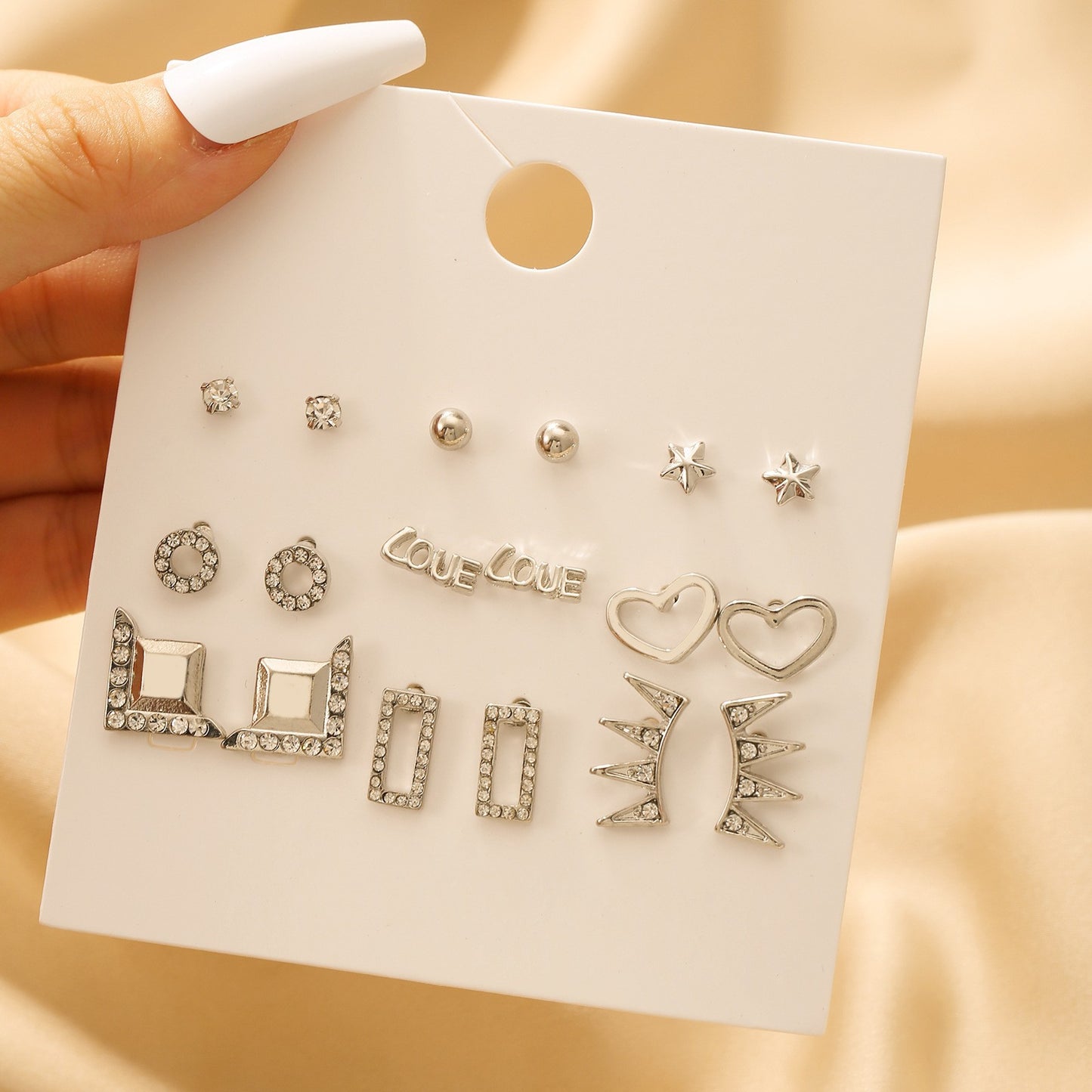 Gold Plated Stainless Steel Geometric Flower Leaf Star Butterfly Rhinestone Inlay Earrings Set with Floral Pattern