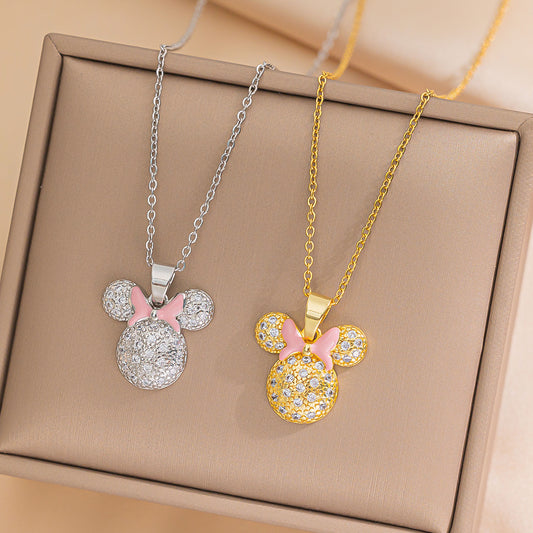 Fashionable Bowknot Pendant Necklace for Women in Titanium Steel with Rhinestone Inlay and Cross Chain Design