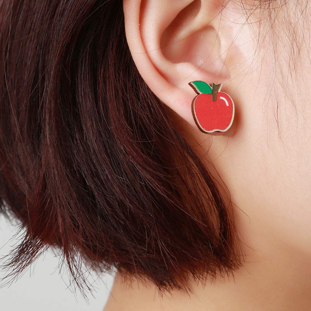 Sweet Cartoon Wood Geometric Apple Carrot Stud Earrings for Kids
