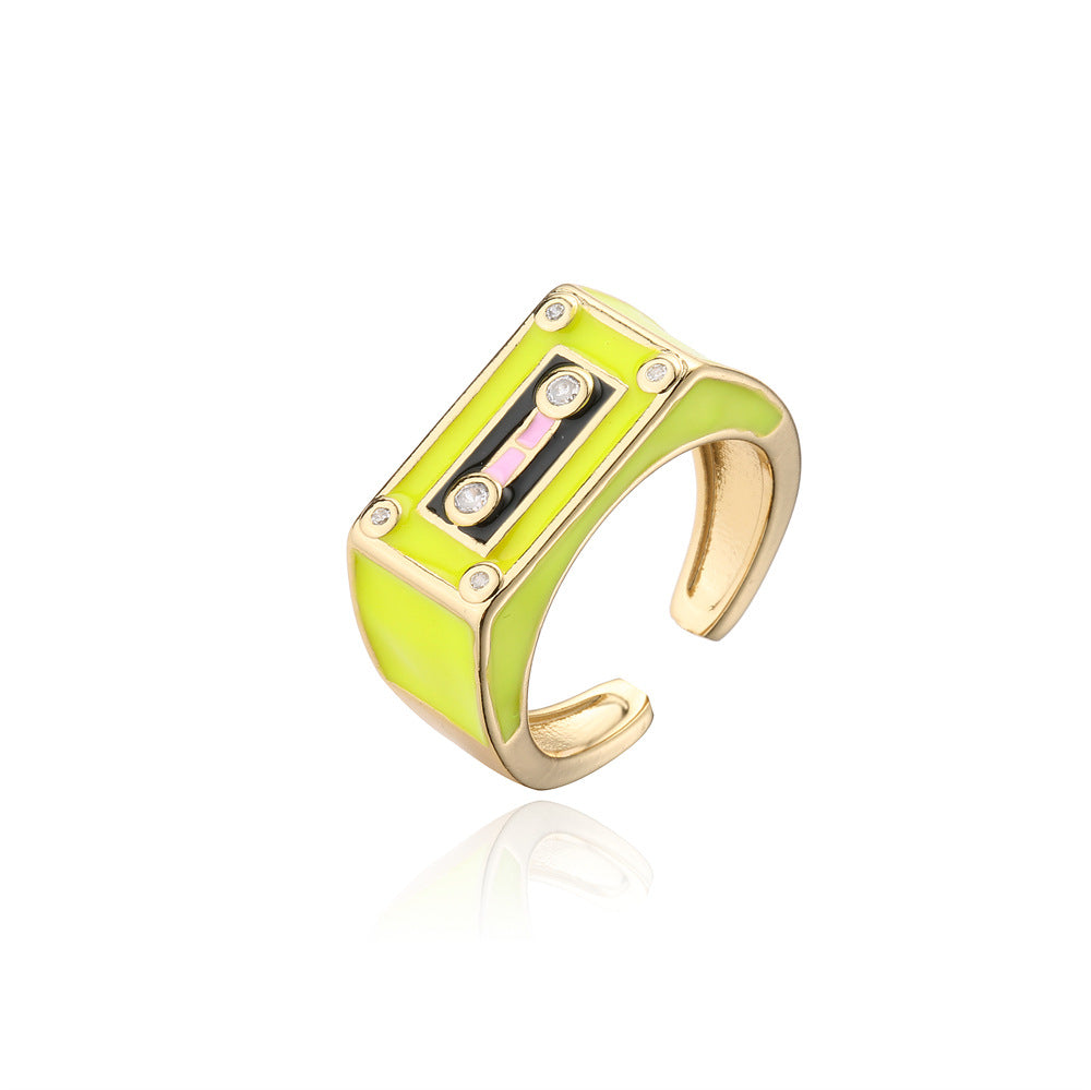 Anello aperto regolabile a forma di robot in stile punk in rame con micro incastonatura a pavé