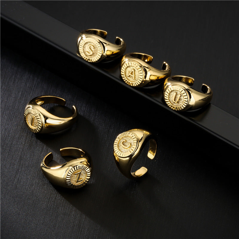 Minimalist Letter Ring in Copper with 18K Gold Plating Adjustable Open Band for Women
