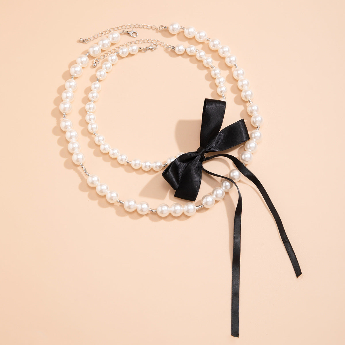 Vintage Elegant Geometric Faux Pearl Ball Chain Necklace with Bowknot for Women