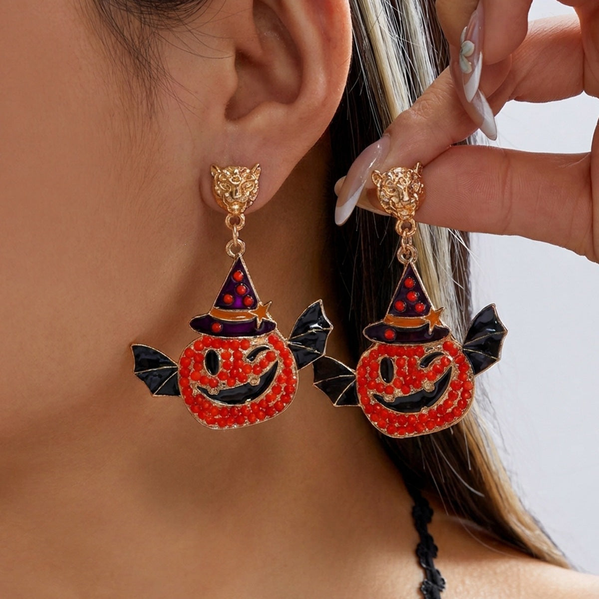 Vintage Drip Oil Plated Alloy Cartoon Halloween Ghost Pumpkin Earrings for Women
