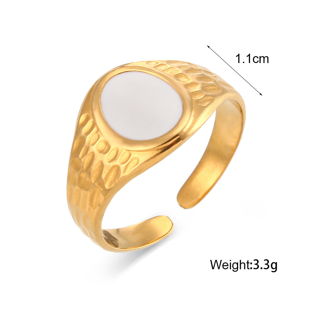 Fashionable Geometric Stainless Steel Ring with Enamel Black and White Sun Moon Star Design Three-Layer Open Band