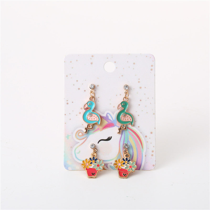 Cartoon Floral Bird Pendant Earrings for Girls Alloy Enamel Dangle Earrings Sweet Princess Style