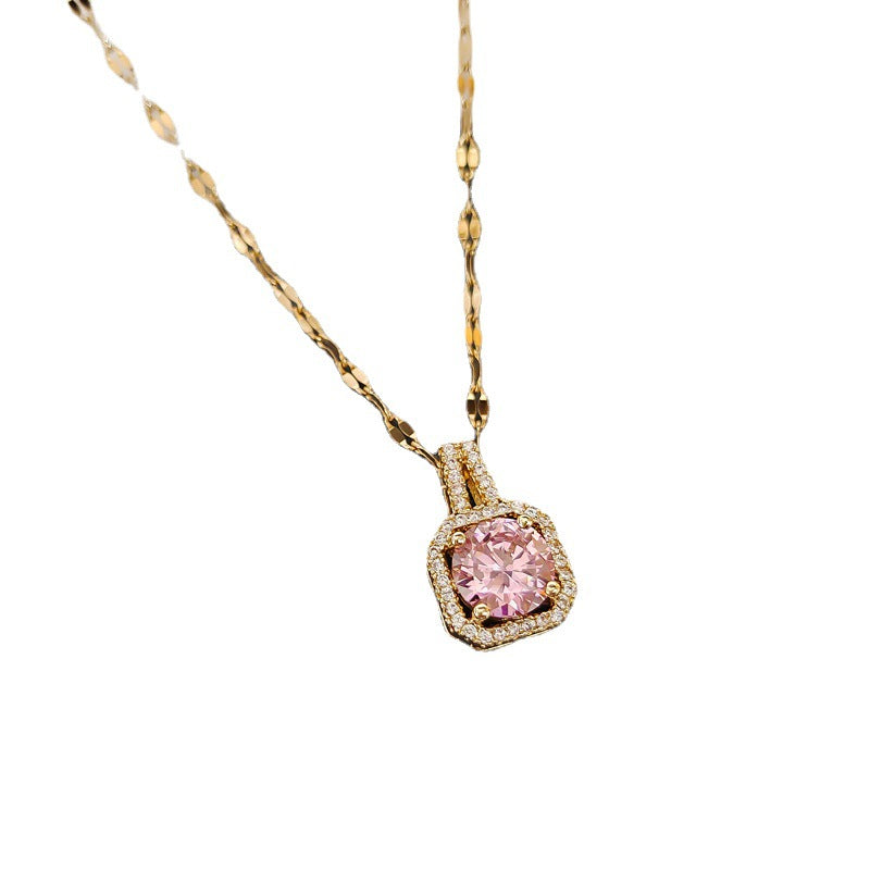 Minimalist Geometric Titanium Steel Necklace with Gold Plated Brass Pendant and Rhinestone Inlay