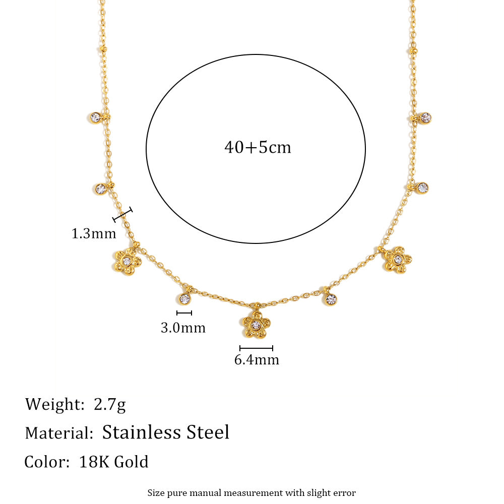 Minimalist Floral Pendant Necklace with Zircon Accents, Stainless Steel Base and 18K Gold Plating for Women