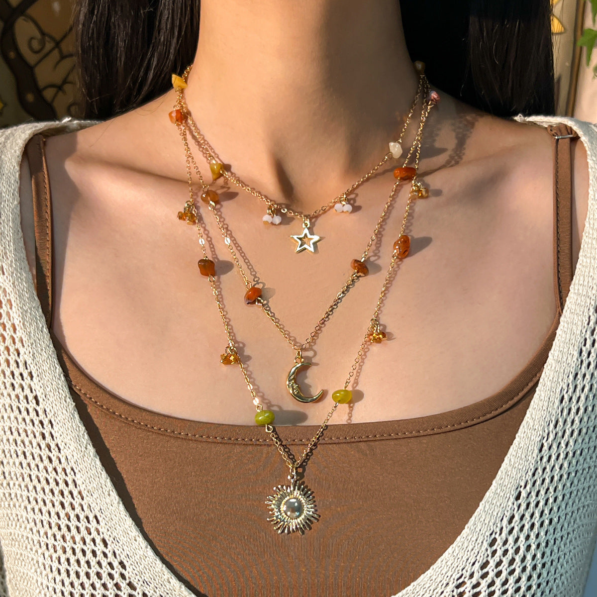 Bohemian Vintage Geometric Moon Zinc Alloy Plated Necklace Set with Tassel for Women