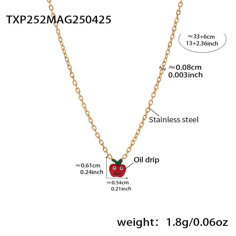 Conjunto de collar, pulsera, pendientes y anillo abierto con colgante en forma de manzana roja adorable para niñas, de acero inoxidable con acabado esmaltado