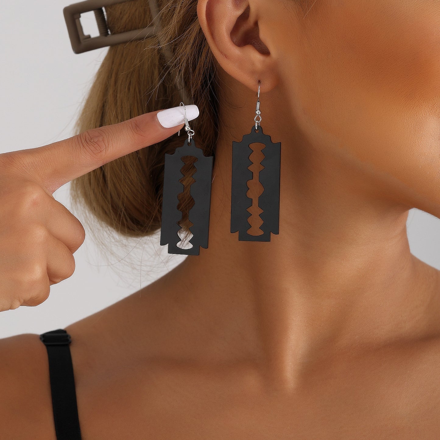 Geometric Blade-Shaped Alloy Earrings for Women with Plated Finish and Hollow-Cut Acrylic Accents