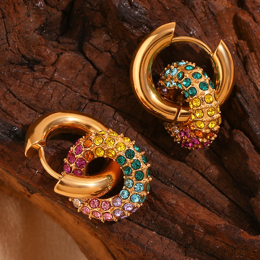 Minimalist Geometric Stainless Steel Earrings with 18K Gold Plating and Micro-Paved Colored Zirconia Hoops for Women