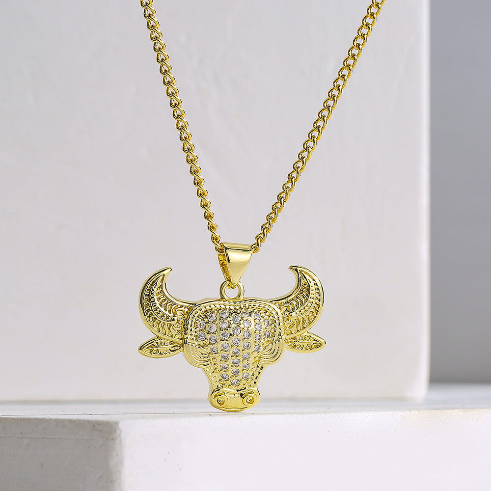Vintage Geometric Bull Head Pendant Necklace for Women in Copper with 18K Gold Plating and Zircon Inlay