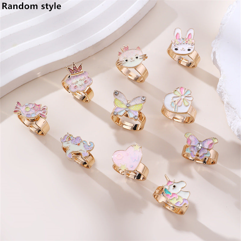Juego de anillos de esmalte con colgante de personaje de dibujos animados para niñas, anillos de aleación estilo princesa con diseño de Anna