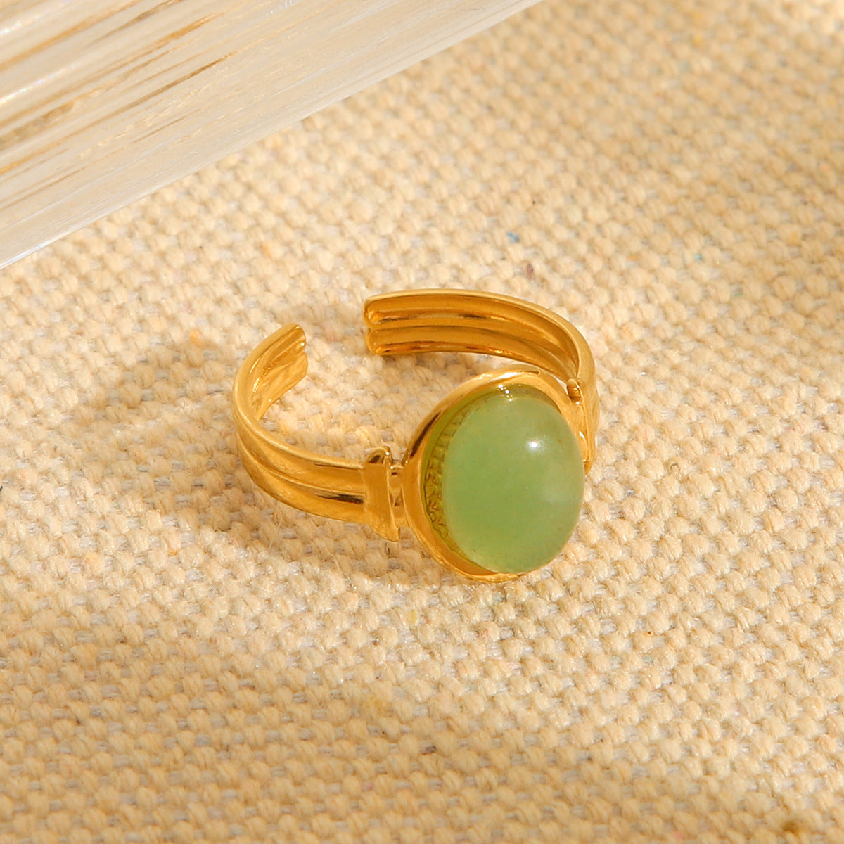 Vintage French Style 18K Gold Plated Elliptical Green Gemstone Titanium Steel Open Ring for Women