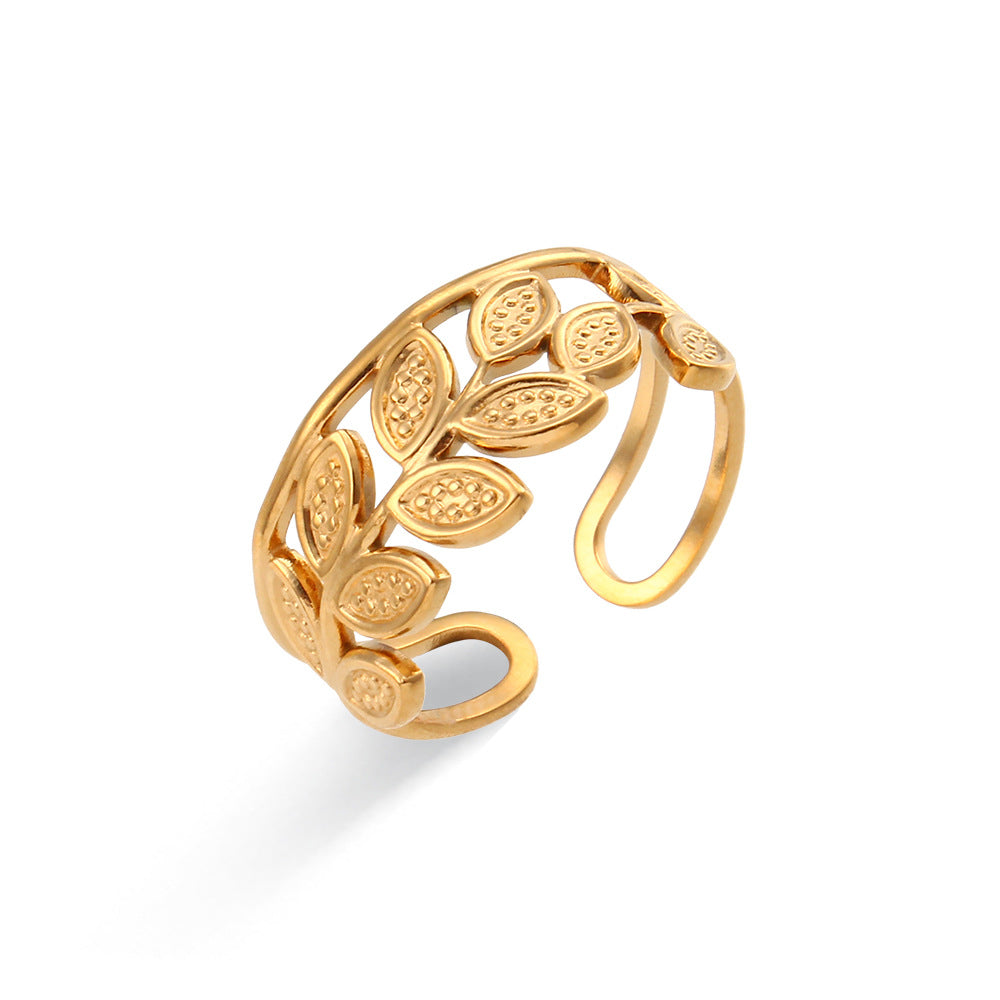 Anillo abierto trenzado de acero inoxidable calado geométrico a la moda para mujer con acabado chapado