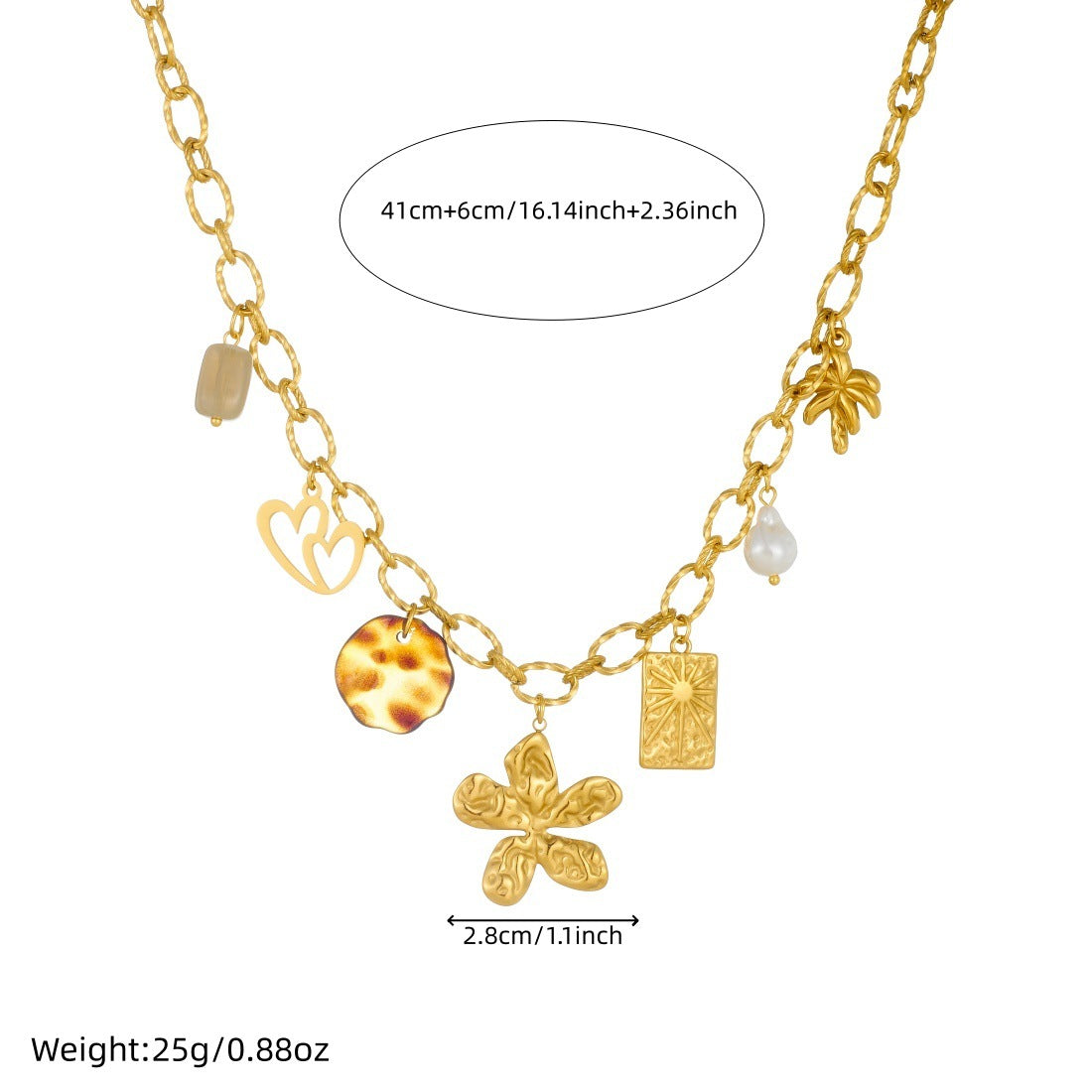 Vintage Gold Plated Stainless Steel Heart Floral Leopard Print Charm Bar Necklace for Women