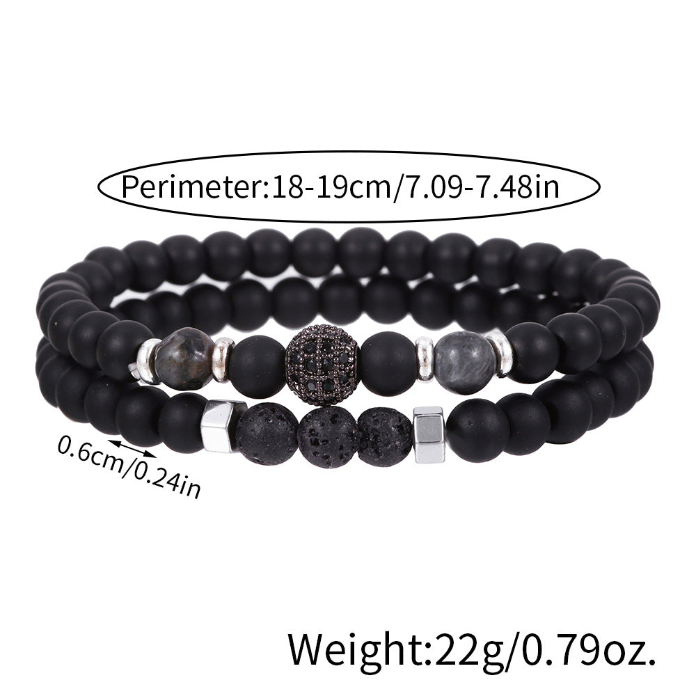 Matte Black Volcanic Stone and Brass Beaded Bracelet with Micro-set Cubic Zirconia, Geometric Round Design for Unisex