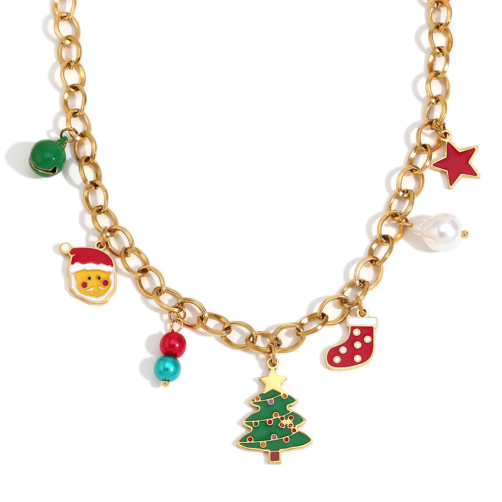 Cute Cartoon Christmas Tree Pendant Necklace for Women Stainless Steel with 18K Gold Plating Handmade Chain