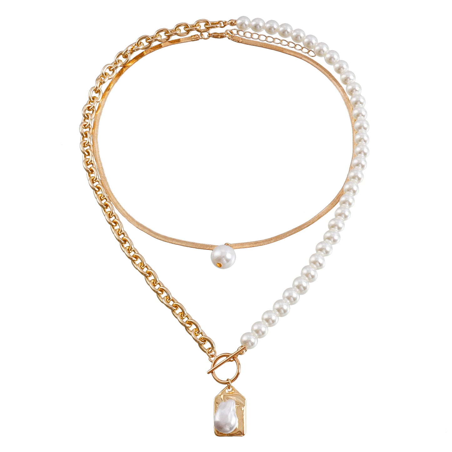 Vintage Baroque Style Geometric Pendant Necklace for Women with Electroplated Metal Chain and Imitation Pearl Accents