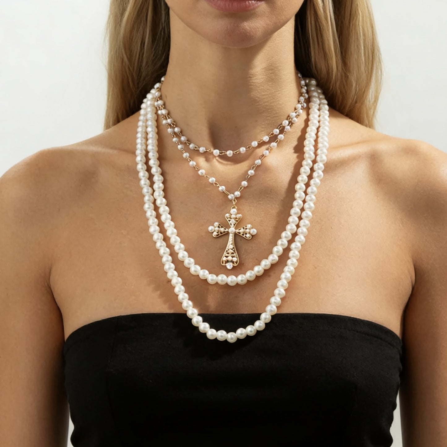 Collar con colgante de cruz geométrica multicapa ciberpunk exagerado con cadena de bolas para mujer