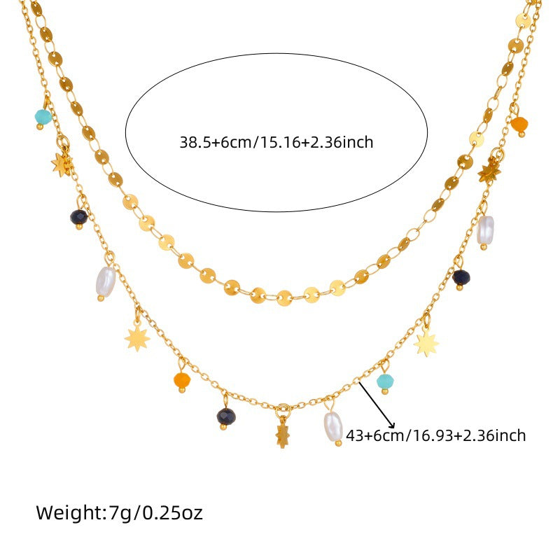 Collana Doppia Strati Impilabile con Ciondolo a Stella Geometrica e Perline Colorate Catena in Acciaio Inossidabile da Donna
