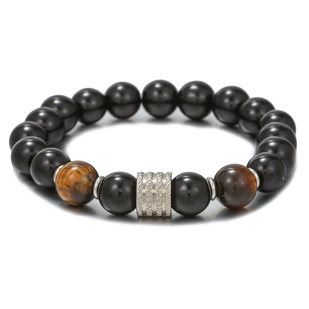 Geometric Round Stainless Steel Black Agate Obsidian Beaded Bracelet