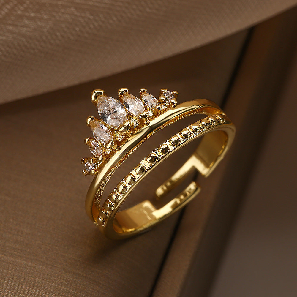 Minimalist Geometric Crown Maria Open Ring for Women in Brass with Real Gold Plating and Micro-Paved Zirconia