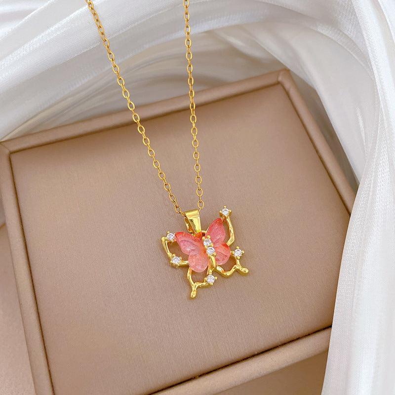 Elegant Pink Butterfly Pendant Necklace for Women Stainless Steel Delicate Hollow-Out Design with Rhinestone Accents Lightweight Clavicle Chain