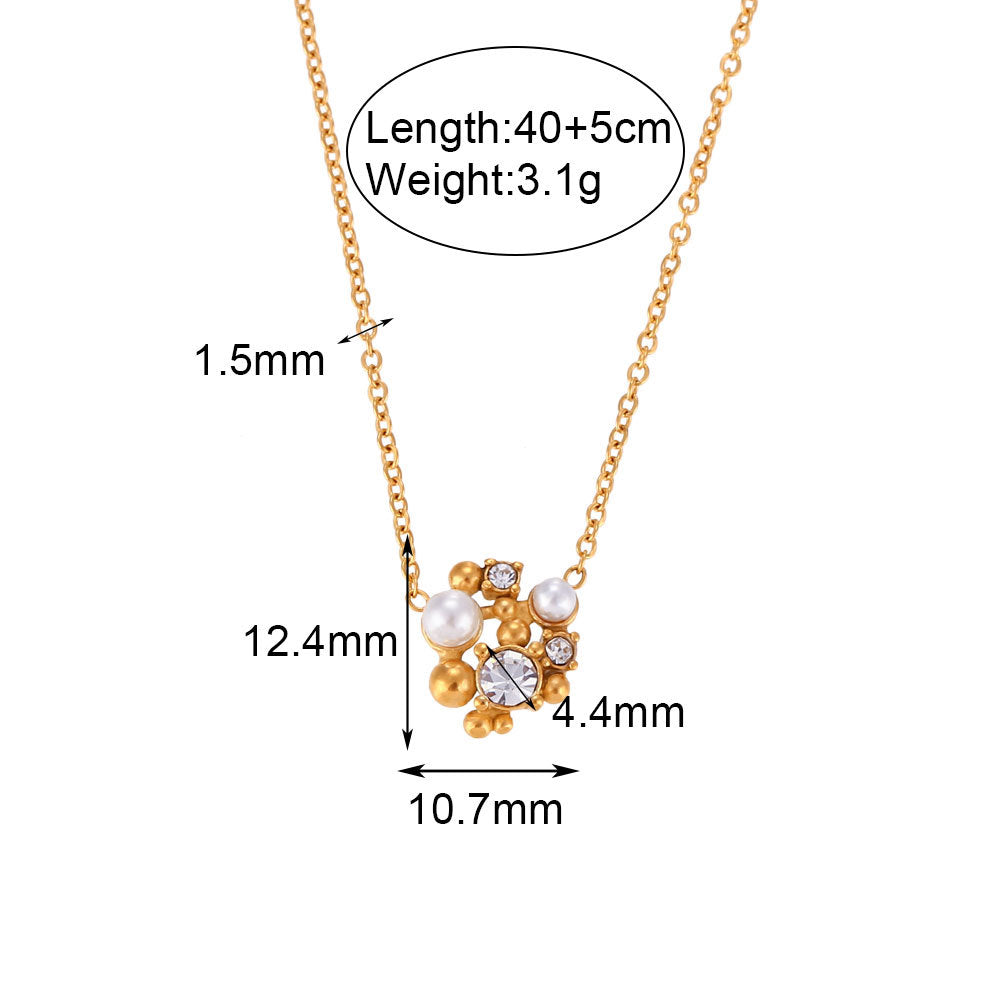 Minimalist Irregular Floral Pendant Necklace with Rhinestone and Pearl Accents on Stainless Steel Chain with 18K Gold Plating