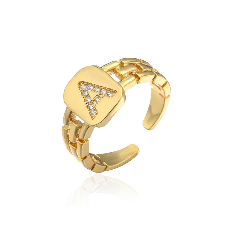 Minimalist Letter Shape Copper Ring with Micro-Pavé Setting Adjustable Geometric Band