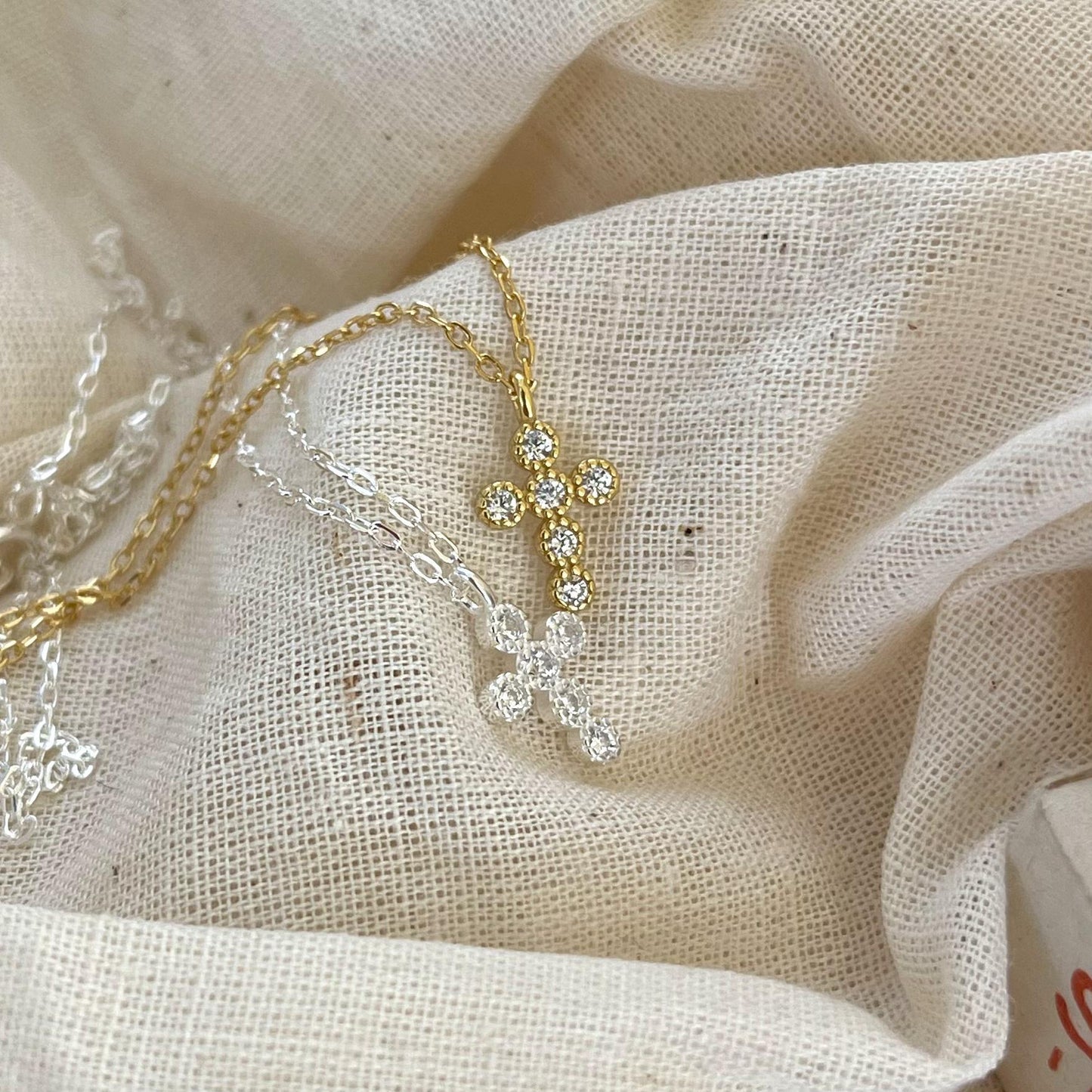 Minimalist Geometric Cross Pendant Necklace in 925 Sterling Silver with Rhinestone Inlay and Gold Plating on Snake Chain