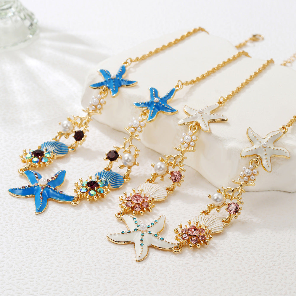 Sweet Colorful Drip Oil Alloy Starfish Shell Pearl Pendant Necklace for Women